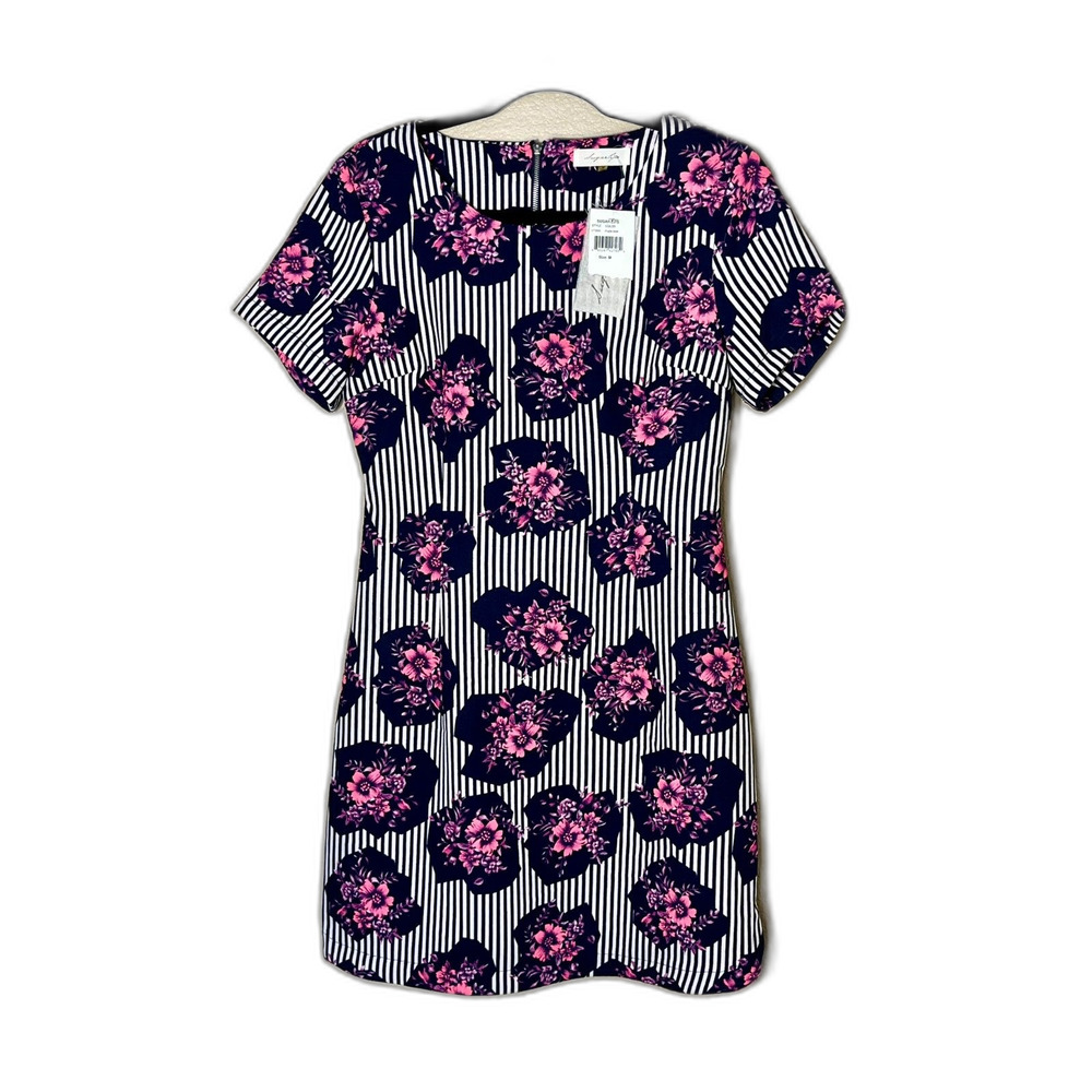 NWT Sugar Lips Black White Stripe Pink Floral Mini Dress Med
